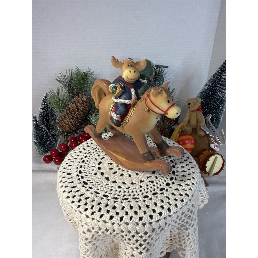 Ceramic Santa Moose on Rocking Horse Figurine 4.5 X 4.5"Hand Painted Matted.